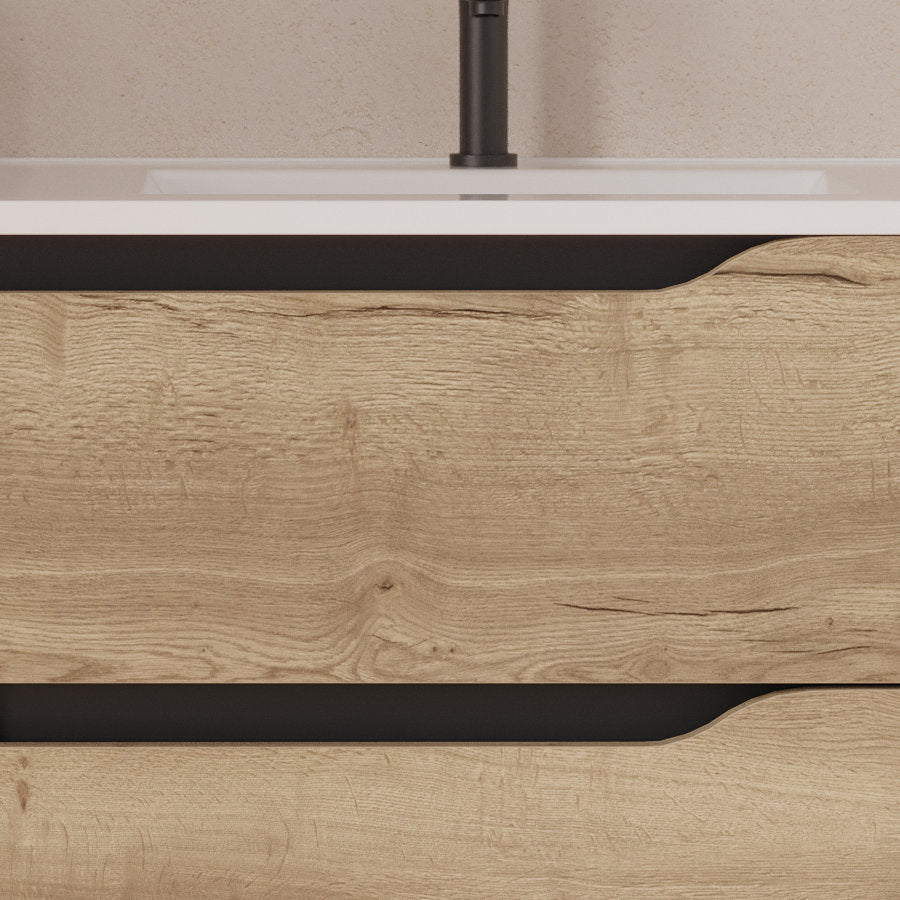 Meuble de salle de bain 80cm avec vasque déportée à droite et miroir - 2 tiroirs et un placard - ZARZA