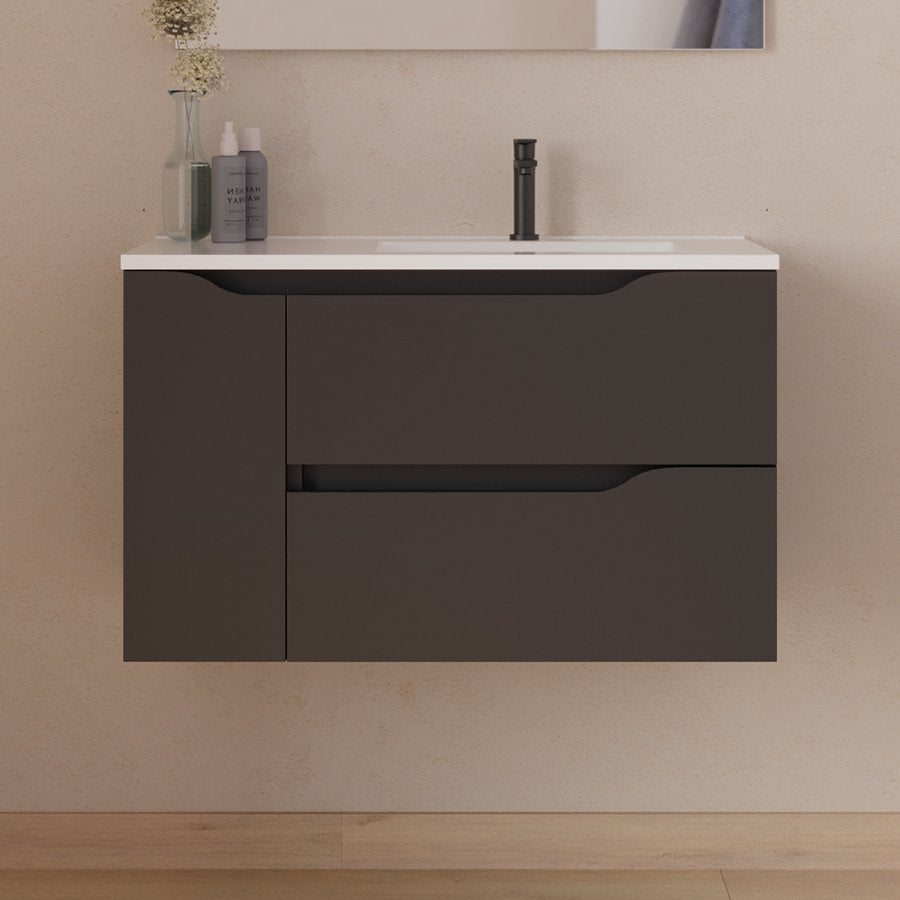 Meuble de salle de bain 80cm avec vasque déportée à droite et miroir - 2 tiroirs et un placard - ZARZA