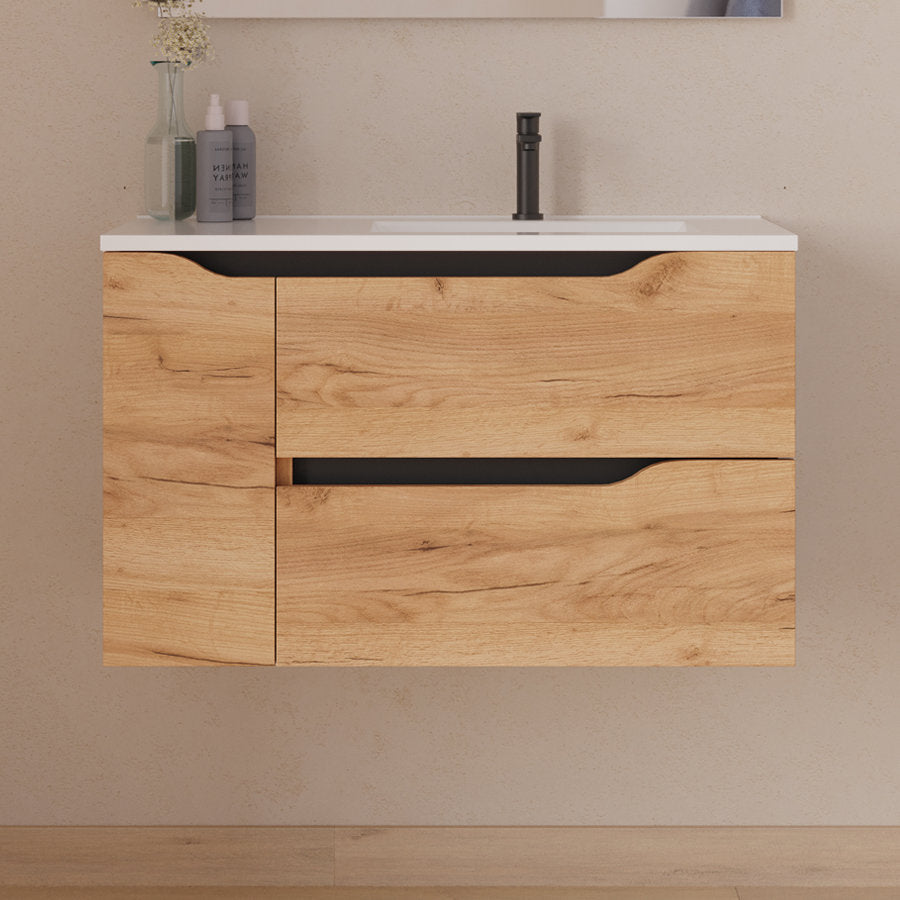 Meuble de salle de bain 80cm avec vasque déportée à droite et miroir - 2 tiroirs et un placard - ZARZA