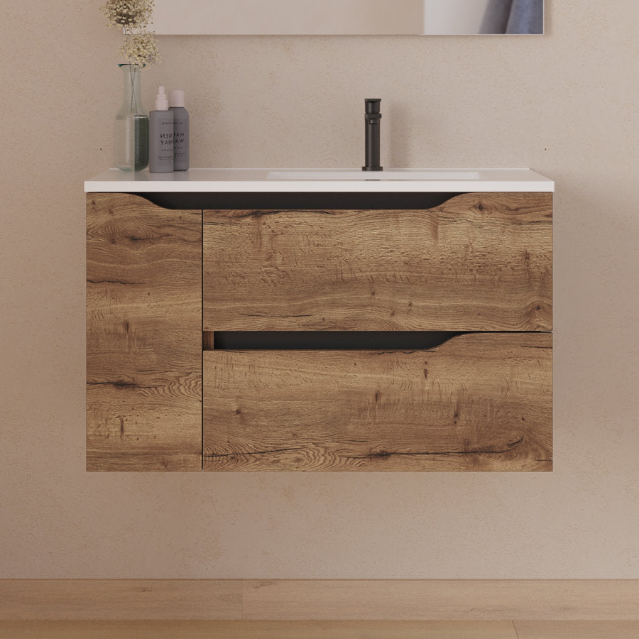 Meuble de salle de bain 80cm avec vasque déportée à droite et miroir - 2 tiroirs et un placard - ZARZA