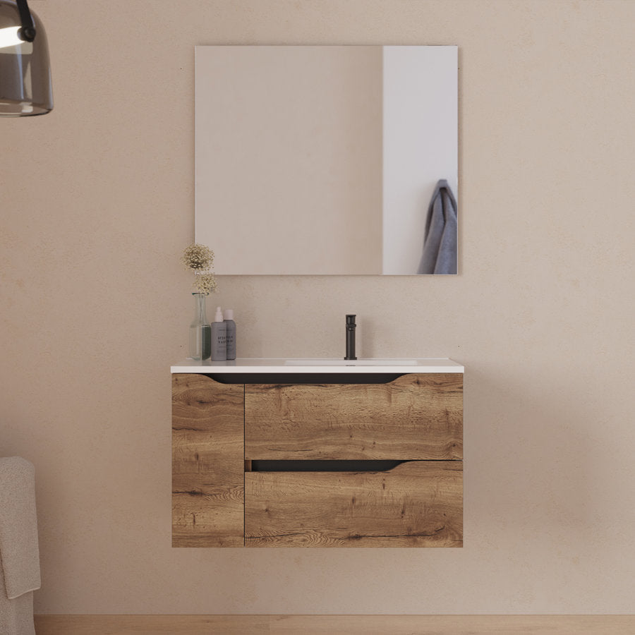 Meuble de salle de bain 80cm avec vasque déportée à droite et miroir - 2 tiroirs et un placard - ZARZA