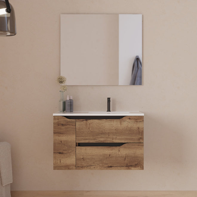 Meuble de salle de bain 80cm avec vasque déportée à droite et miroir - 2 tiroirs et un placard - ZARZA