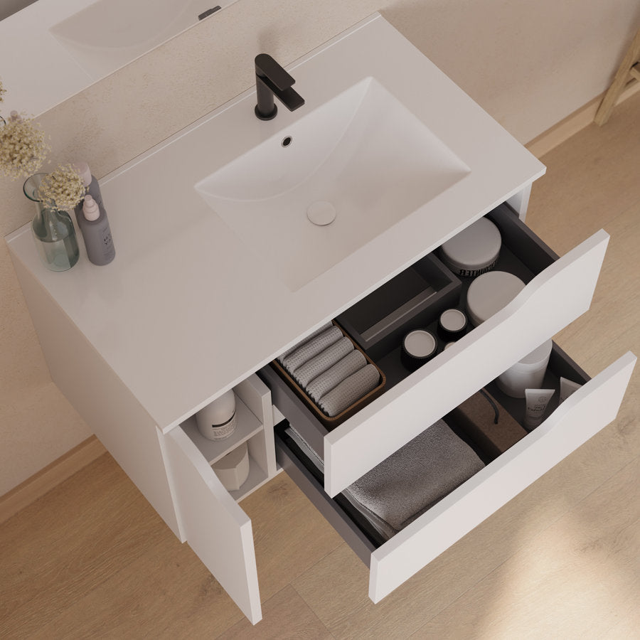 Meuble de salle de bain 80cm avec vasque déportée à droite et miroir - 2 tiroirs et un placard - ZARZA