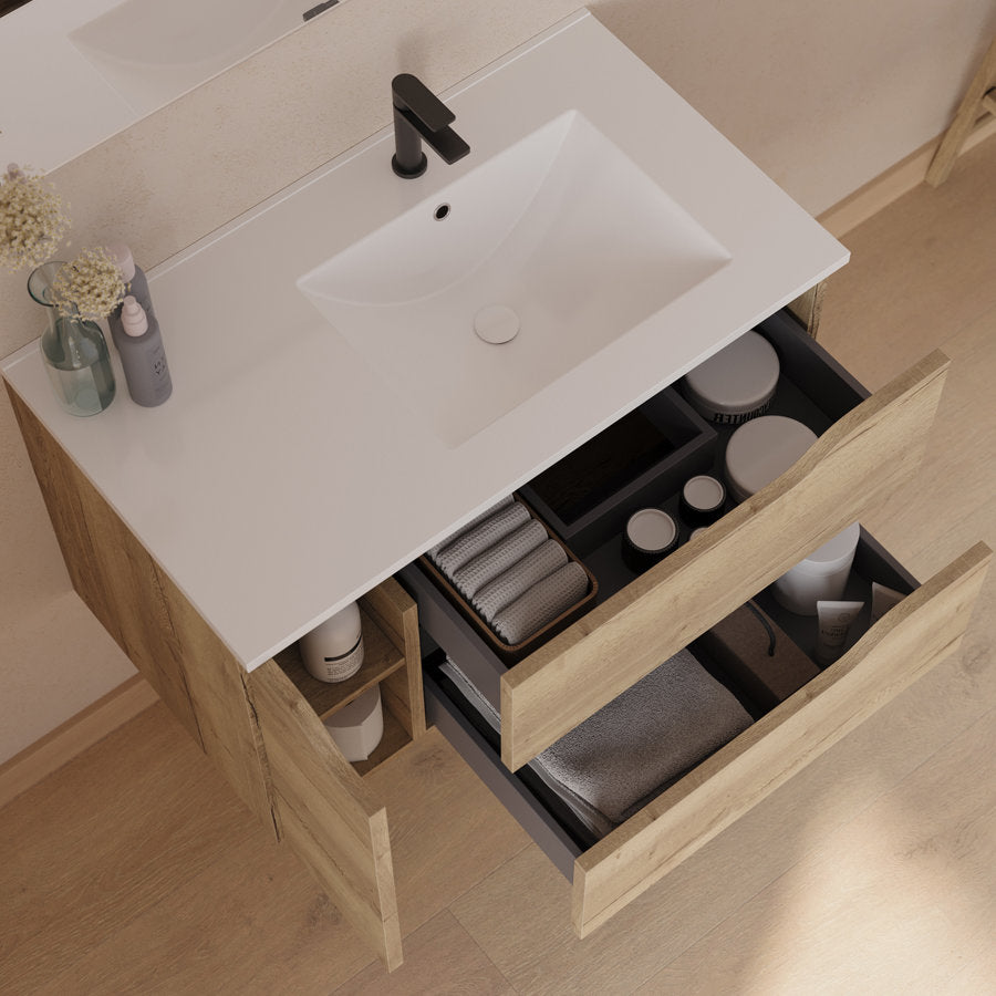 Meuble de salle de bain 80cm avec vasque déportée à droite et miroir - 2 tiroirs et un placard - ZARZA