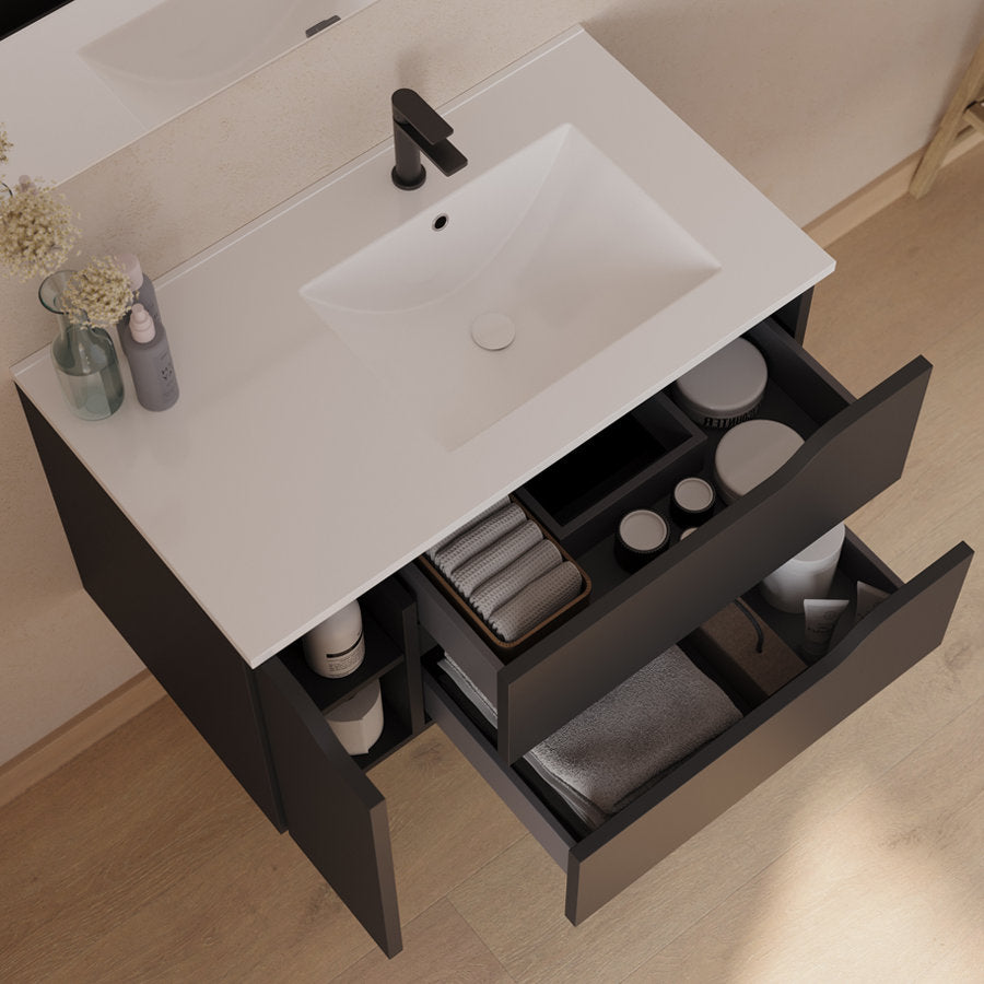 Meuble de salle de bain 80cm avec vasque déportée à droite et miroir - 2 tiroirs et un placard - ZARZA