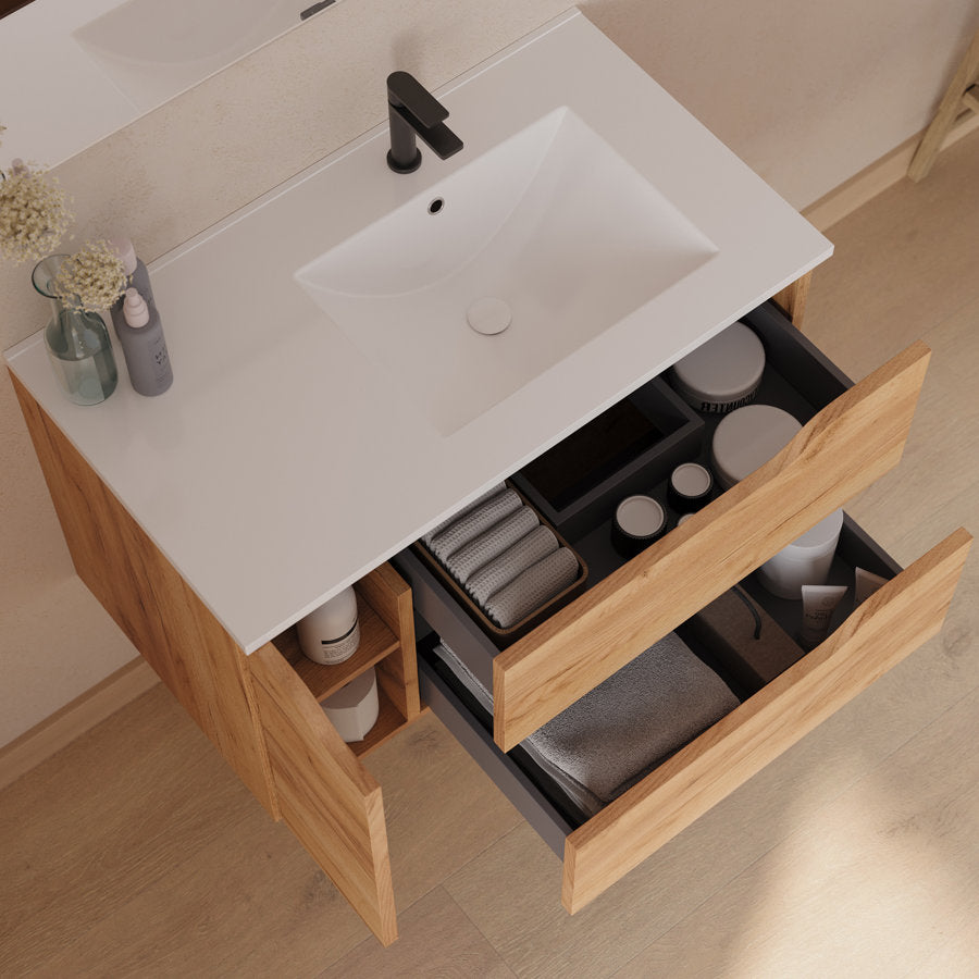 Meuble de salle de bain 80cm avec vasque déportée à droite et miroir - 2 tiroirs et un placard - ZARZA