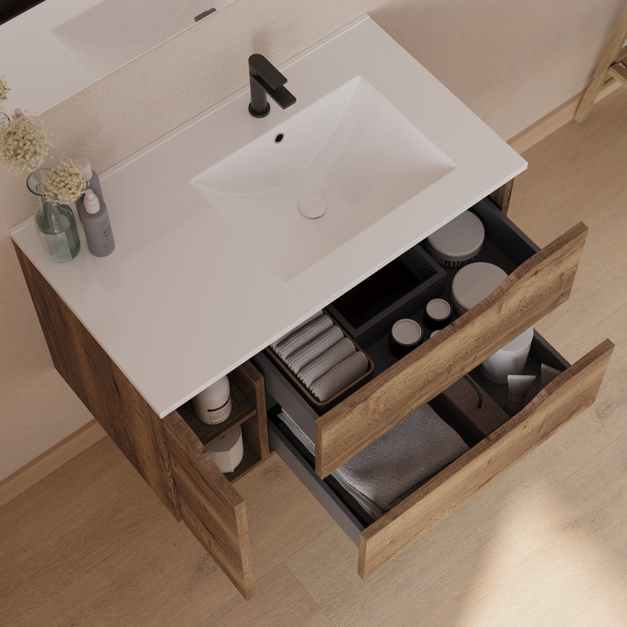 Meuble de salle de bain 80cm avec vasque déportée à droite et miroir - 2 tiroirs et un placard - ZARZA