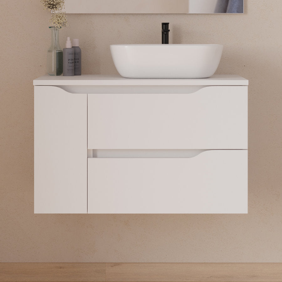 Meuble de salle de bain 80cm avec plateau et vasque à poser déportée à droite Zeus - sans miroir - 2 tiroirs et un placard - ZARZA