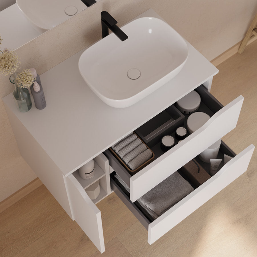 Meuble de salle de bain 80cm avec plateau et vasque à poser déportée à droite Zeus - sans miroir - 2 tiroirs et un placard - ZARZA