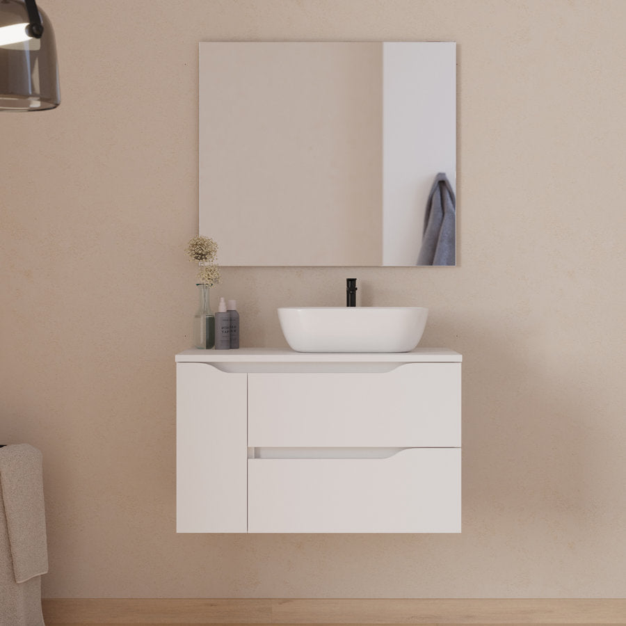 Meuble de salle de bain 80cm avec plateau et vasque à poser déportée à droite Zeus - sans miroir - 2 tiroirs et un placard - ZARZA