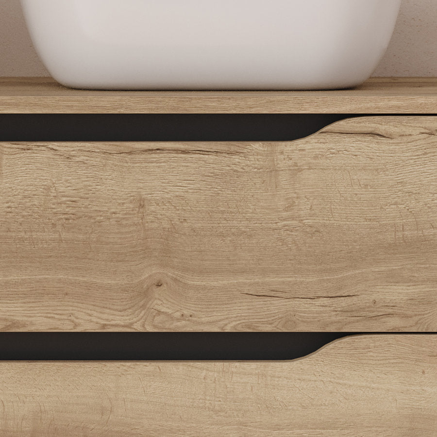 Meuble de salle de bain 80cm avec plateau, vasque à poser déportée à droite Zeus et miroir - 2 tiroirs et un placard - ZARZA