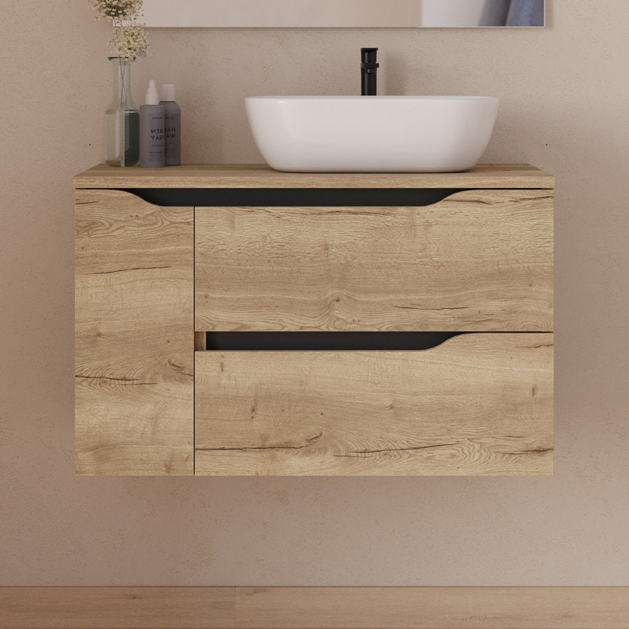 Meuble de salle de bain 80cm avec plateau, vasque à poser déportée à droite Zeus et miroir - 2 tiroirs et un placard - ZARZA