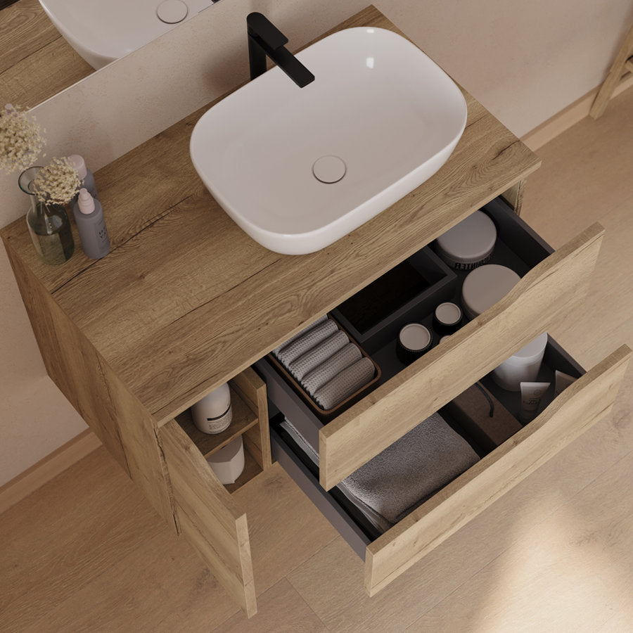 Meuble de salle de bain 80cm avec plateau et vasque à poser déportée à droite Zeus - sans miroir - 2 tiroirs et un placard - ZARZA