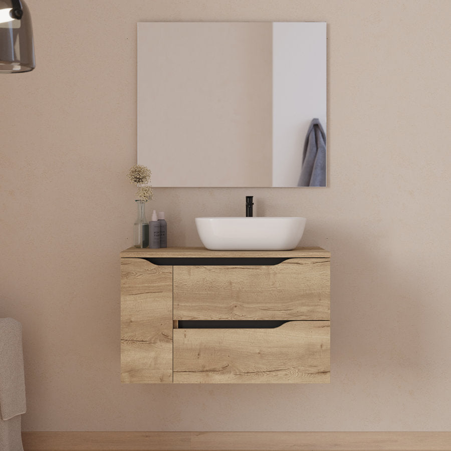 Meuble de salle de bain 80cm avec plateau, vasque à poser déportée à droite Zeus et miroir - 2 tiroirs et un placard - ZARZA