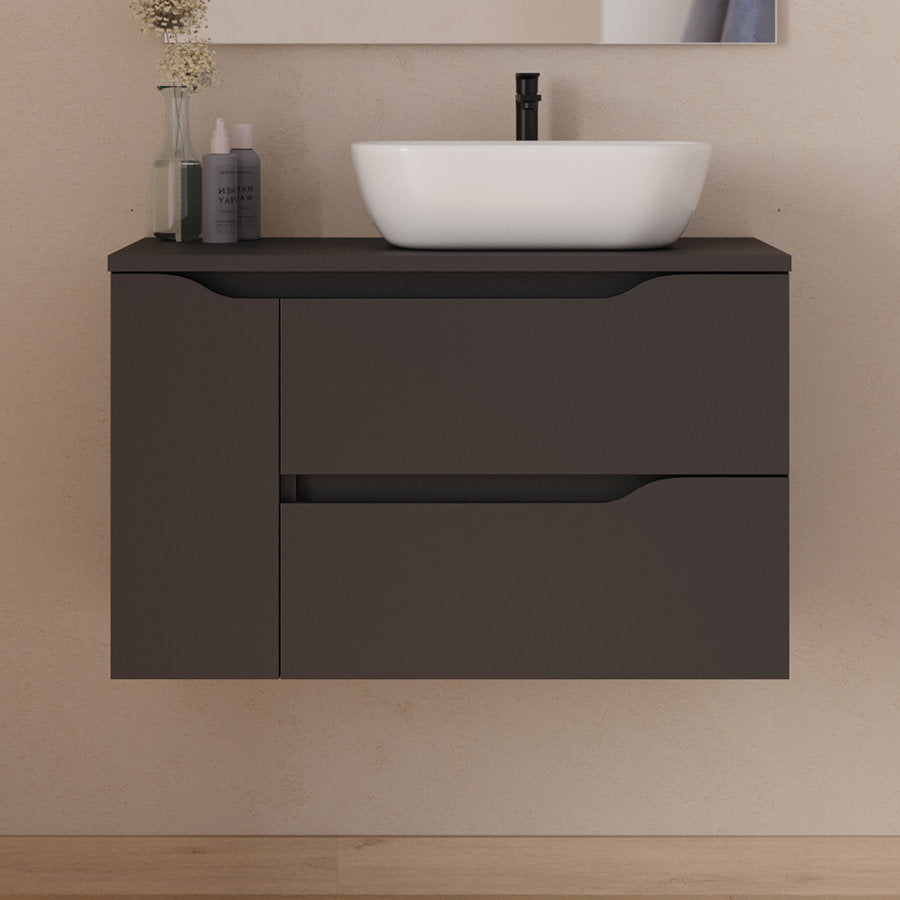 Meuble de salle de bain 80cm avec plateau, vasque à poser déportée à droite Zeus et miroir - 2 tiroirs et un placard - ZARZA