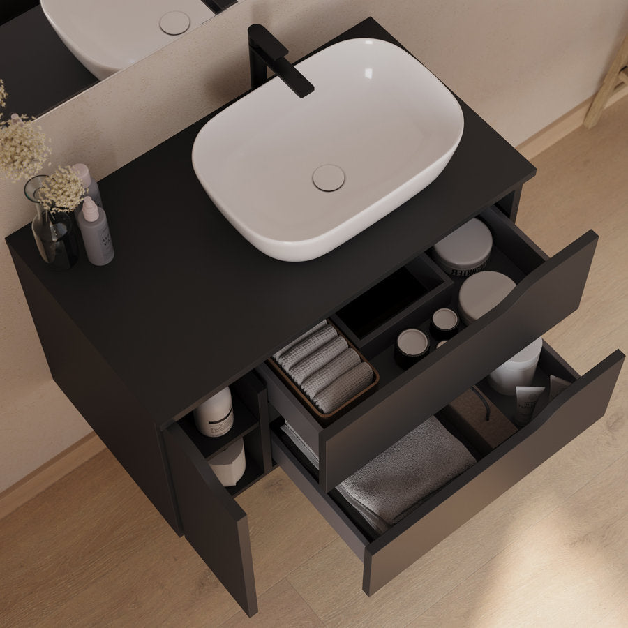 Meuble de salle de bain 80cm avec plateau, vasque à poser déportée à droite Zeus et miroir - 2 tiroirs et un placard - ZARZA