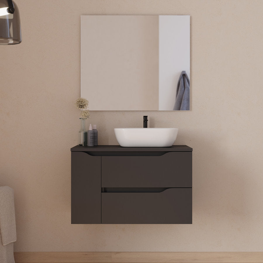 Meuble de salle de bain 80cm avec plateau, vasque à poser déportée à droite Zeus et miroir - 2 tiroirs et un placard - ZARZA