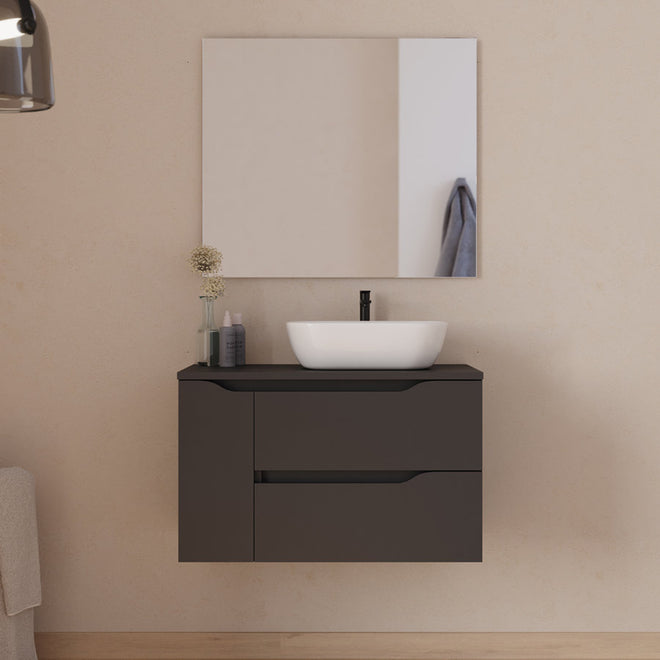 Meuble de salle de bain 80cm avec plateau, vasque à poser déportée à droite Zeus et miroir - 2 tiroirs et un placard - ZARZA