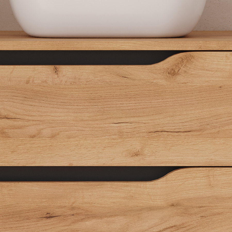 Meuble de salle de bain 80cm avec plateau, vasque à poser déportée à droite Zeus et miroir - 2 tiroirs et un placard - ZARZA