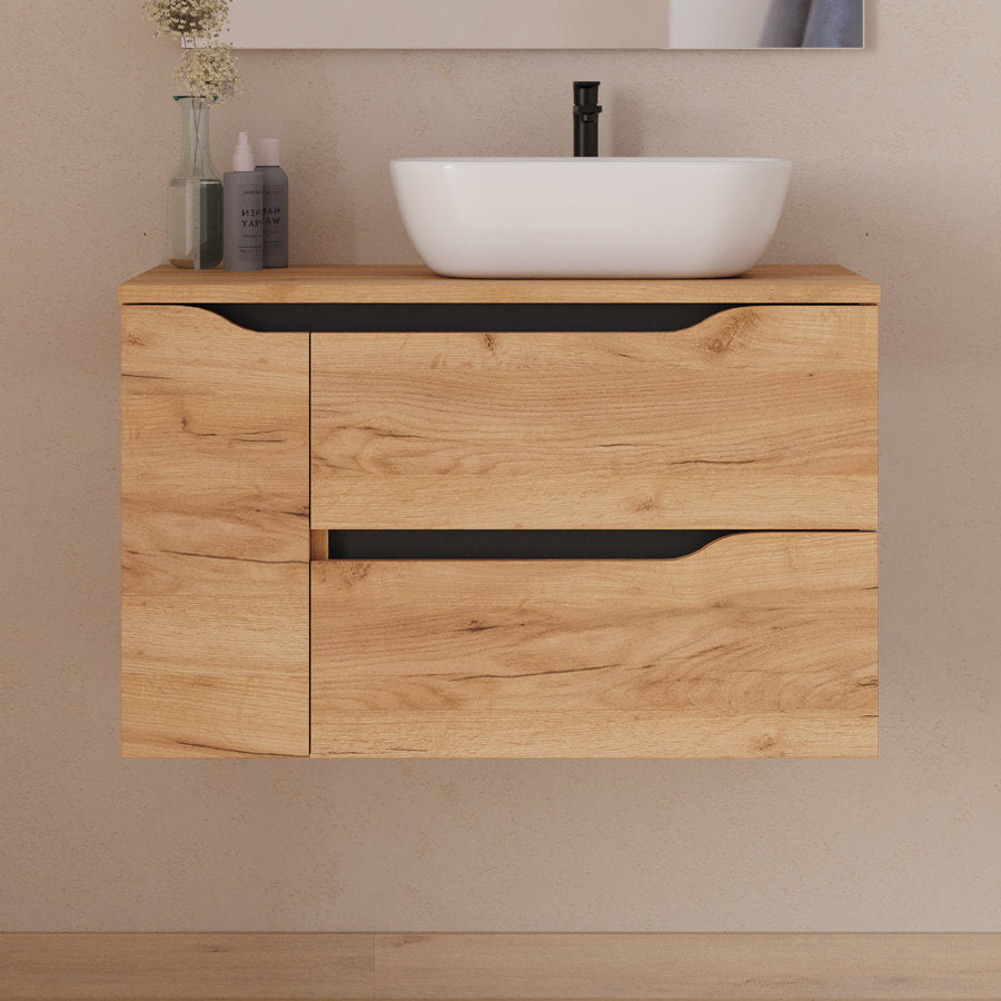 Meuble de salle de bain 80cm avec plateau, vasque à poser déportée à droite Zeus et miroir - 2 tiroirs et un placard - ZARZA
