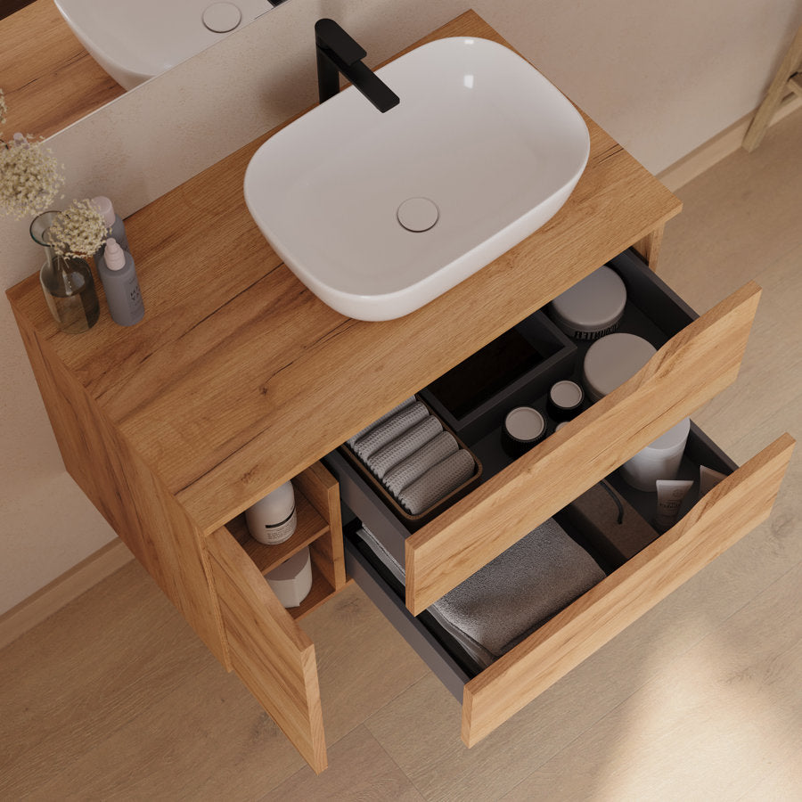Meuble de salle de bain 80cm avec plateau, vasque à poser déportée à droite Zeus et miroir - 2 tiroirs et un placard - ZARZA