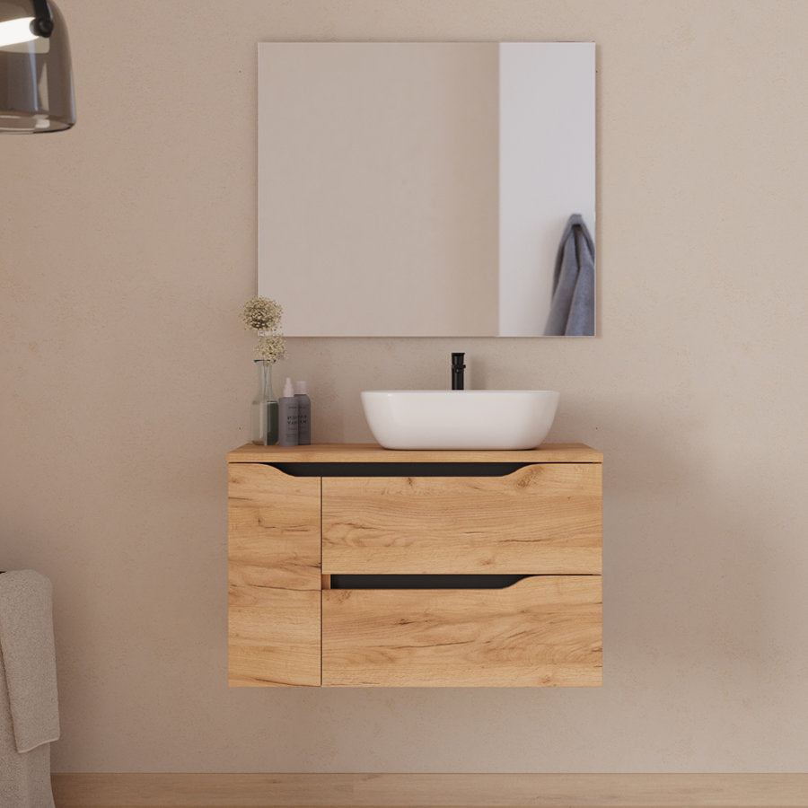 Meuble de salle de bain 80cm avec plateau, vasque à poser déportée à droite Zeus et miroir - 2 tiroirs et un placard - ZARZA
