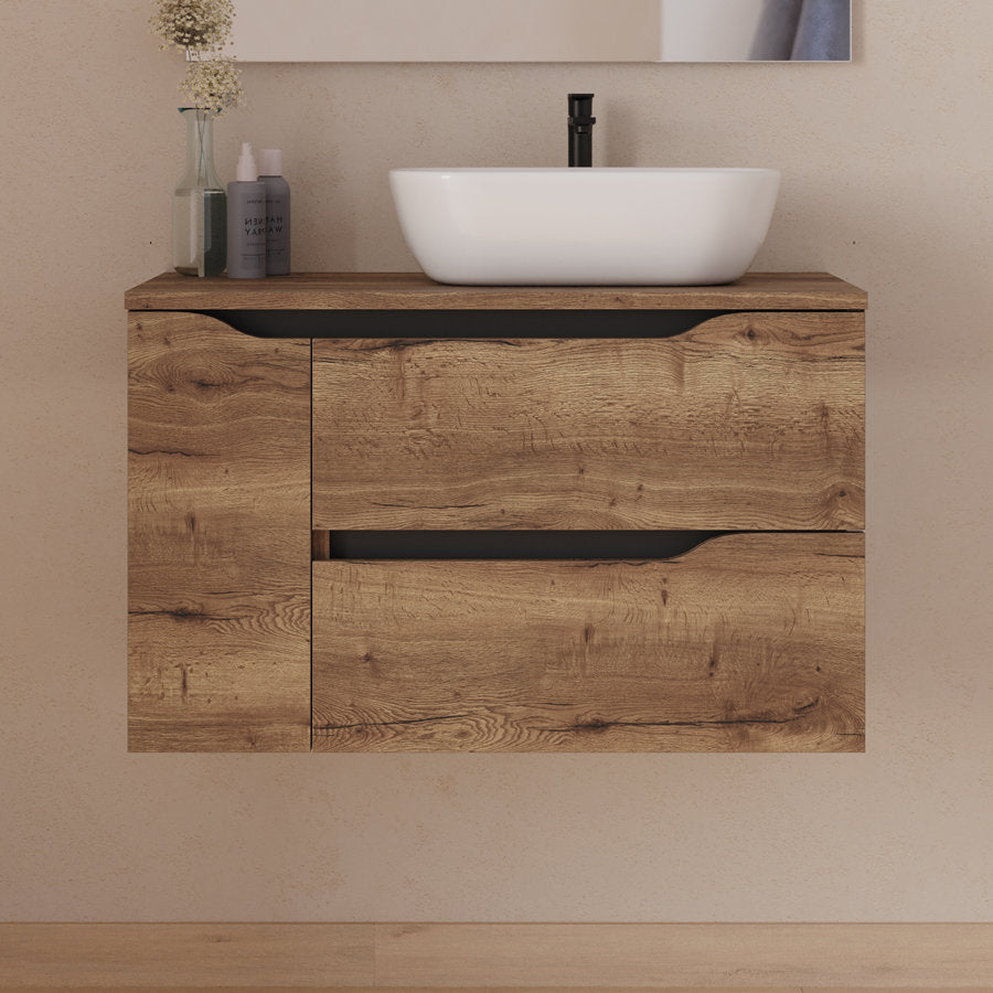 Meuble de salle de bain 80cm avec plateau, vasque à poser déportée à droite Zeus et miroir - 2 tiroirs et un placard - ZARZA