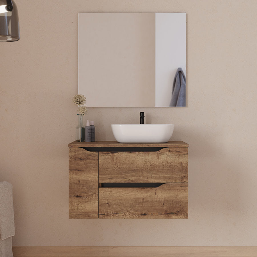 Meuble de salle de bain 80cm avec plateau et vasque à poser déportée à droite Zeus - sans miroir - 2 tiroirs et un placard - ZARZA