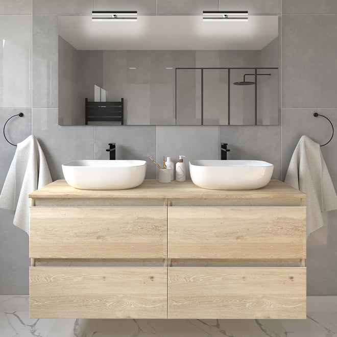 Meuble de salle de bain 120cm avec vasques à bords arrondies - 4 tiroirs - BALEA et miroir avec appliques