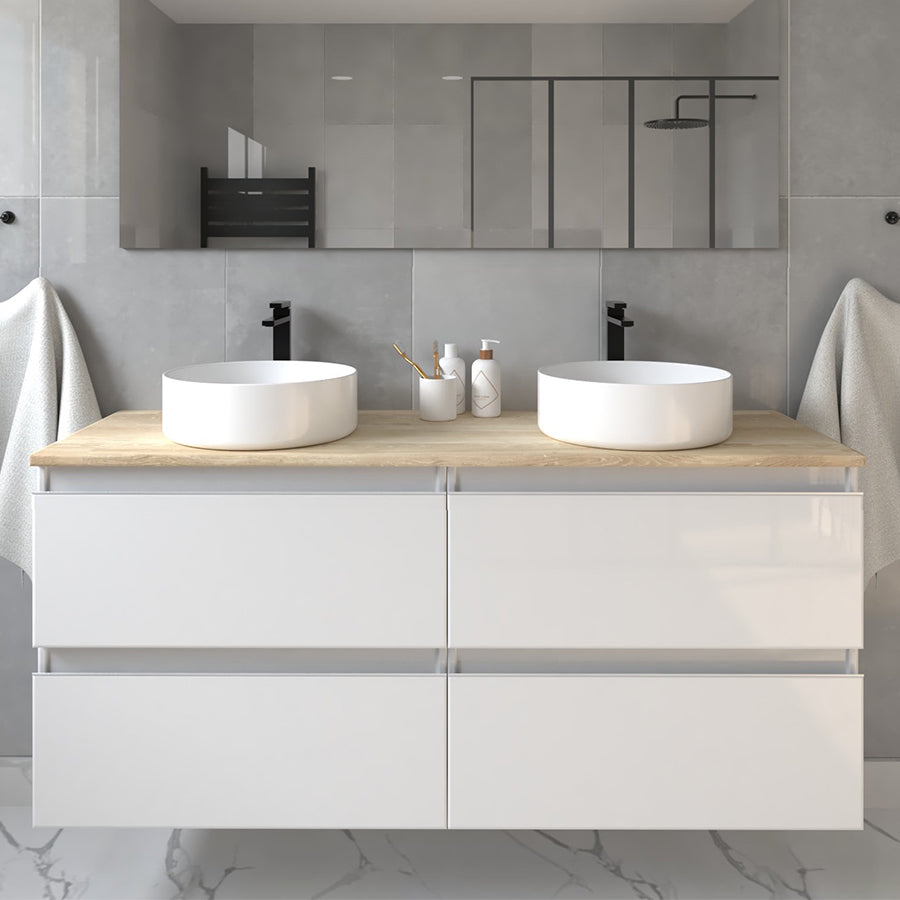 Meuble de salle de bain avec vasques rondes - 4 tiroirs - BALEA et miroir Led STAM -  120cm