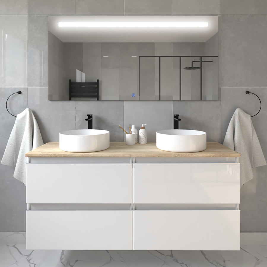 Meuble de salle de bain avec vasques rondes - 4 tiroirs - BALEA et miroir Led STAM -  120cm