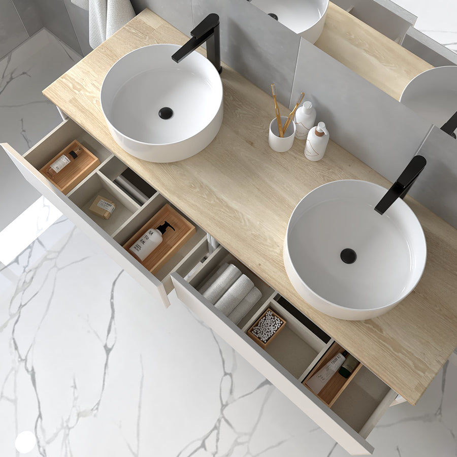 Meuble de salle de bain avec vasques rondes - 4 tiroirs - BALEA et miroir Led STAM -  120cm