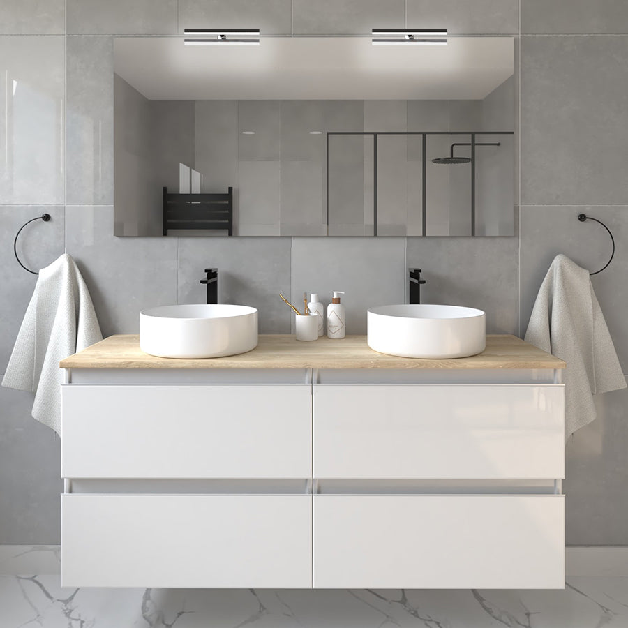Meuble de salle de bain 120cm avec vasques rondes - 4 tiroirs - BALEA et miroir avec appliques
