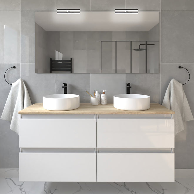 Meuble de salle de bain 120cm avec vasques rondes - 4 tiroirs - BALEA et miroir avec appliques
