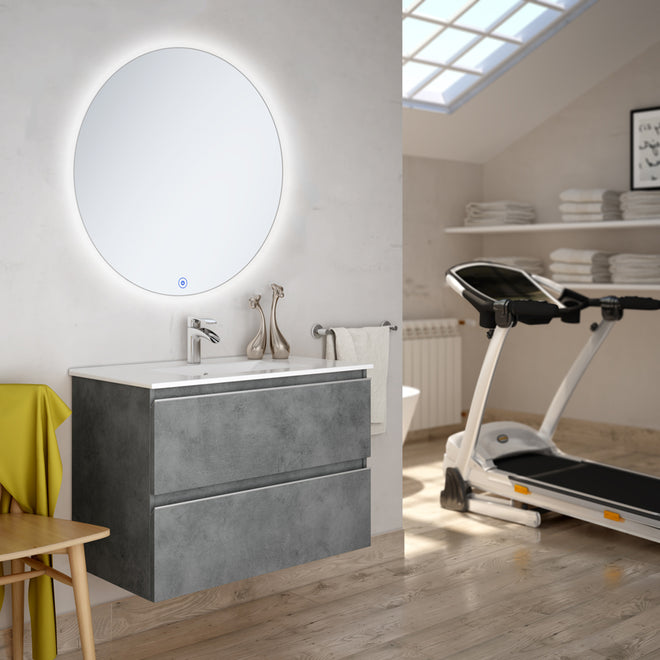 Meuble de salle de bain 70cm simple vasque - 2 tiroirs - BALEA et miroir rond Led SOLEN
