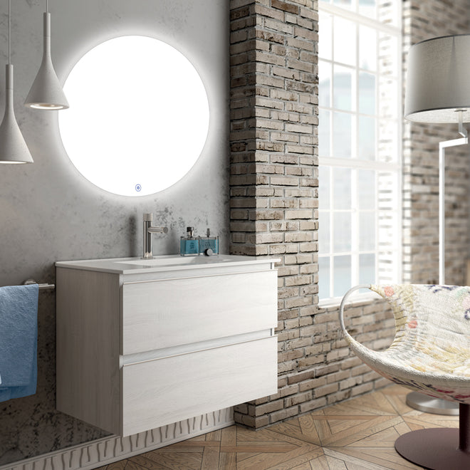 Meuble de salle de bain 80cm simple vasque - 2 tiroirs - BALEA et miroir rond Led SOLEN