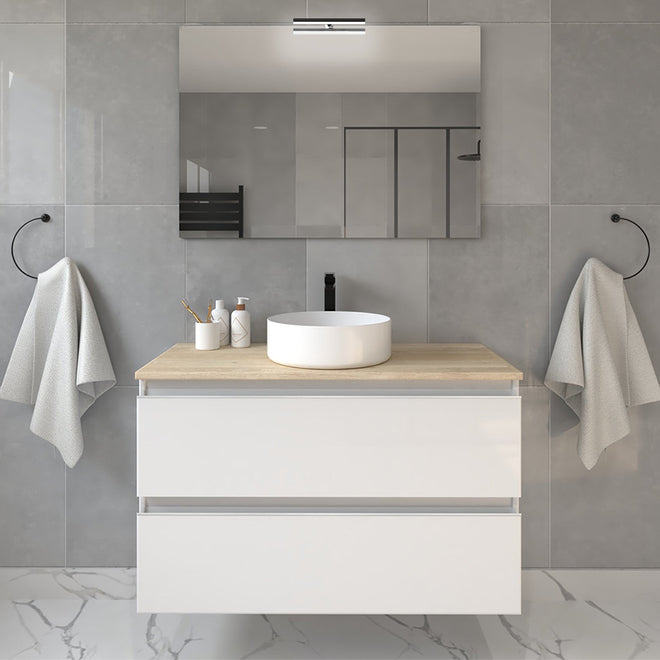 Meuble de salle de bain 80cm avec vasque à poser ronde - 2 tiroirs et miroir avec applique BALEA