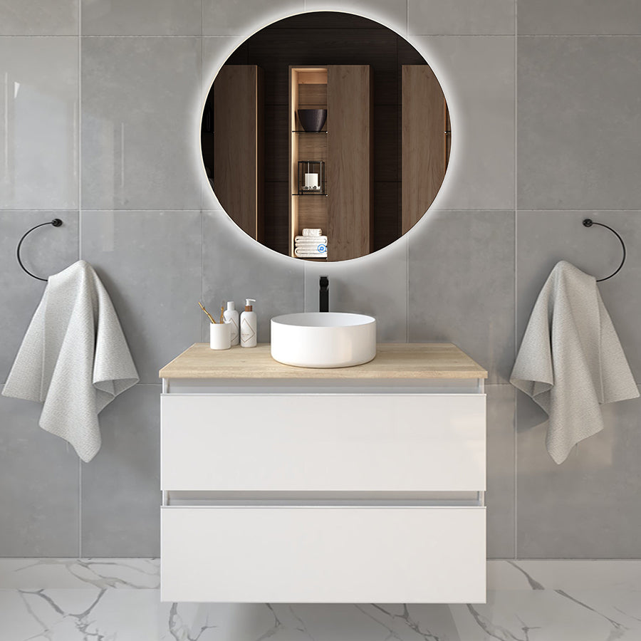 Meuble de salle de bain 70cm avec vasque à poser ronde - 2 tiroirs - BALEA et miroir rond Led SOLEN
