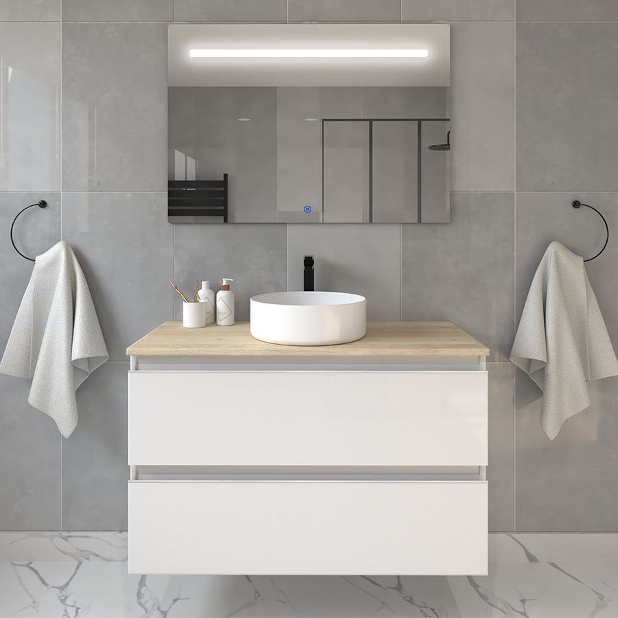 Meuble de salle de bain 100cm avec vasque à poser ronde - 2 tiroirs - BALEA et miroir Led STAM