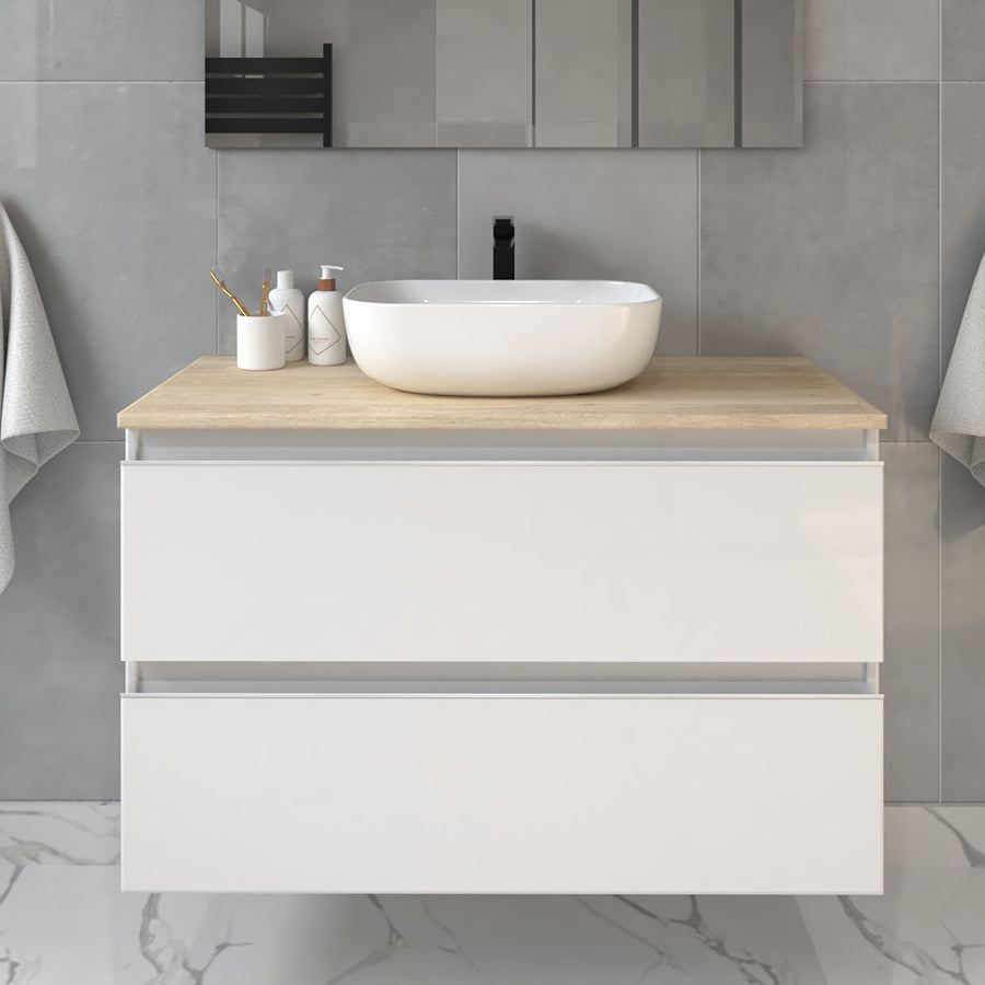 Meuble de salle de bain 70cm avec vasque à poser arrondie - 2 tiroirs - BALEA et miroir Led STAM