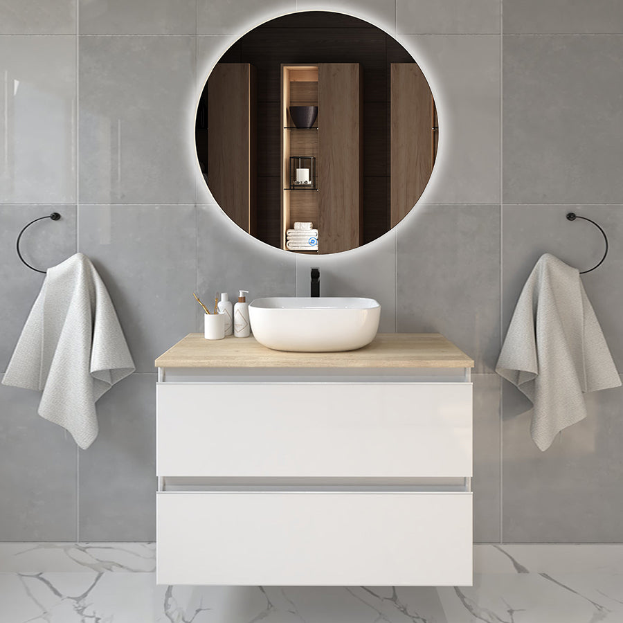 Meuble de salle de bain 70cm avec vasque à poser arrondie - 2 tiroirs - BALEA et miroir rond Led SOLEN