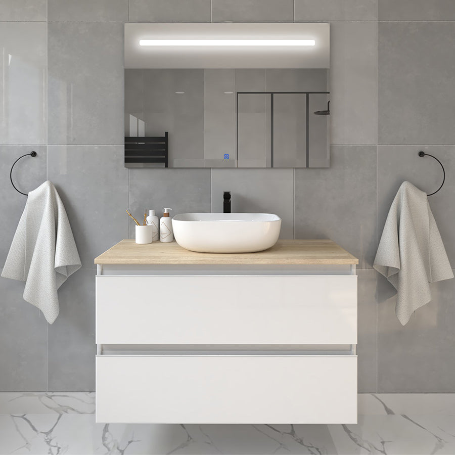 Meuble de salle de bain 100cm avec vasque à poser arrondie - 2 tiroirs - BALEA et miroir Led STAM