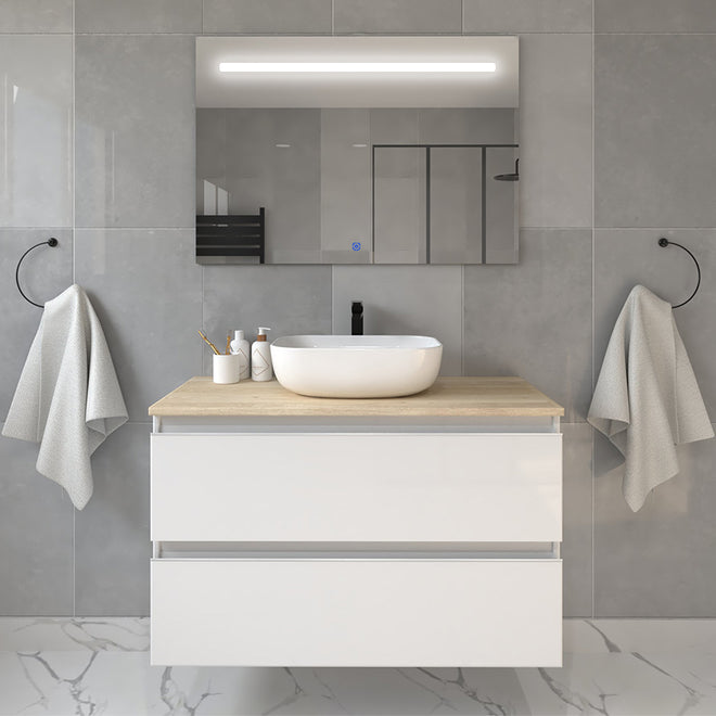 Meuble de salle de bain 70cm avec vasque à poser arrondie - 2 tiroirs - BALEA et miroir Led STAM