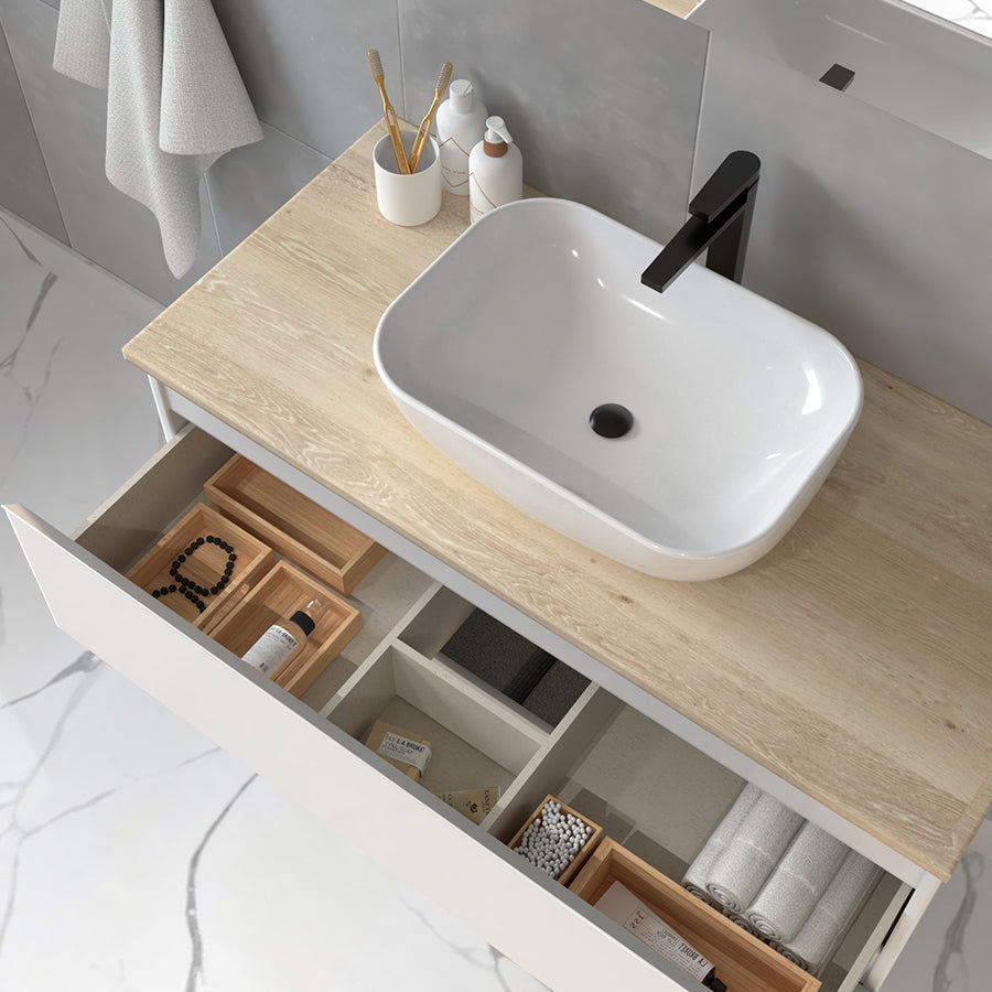 Meuble de salle de bain 100cm avec vasque à poser arrondie - 2 tiroirs - BALEA