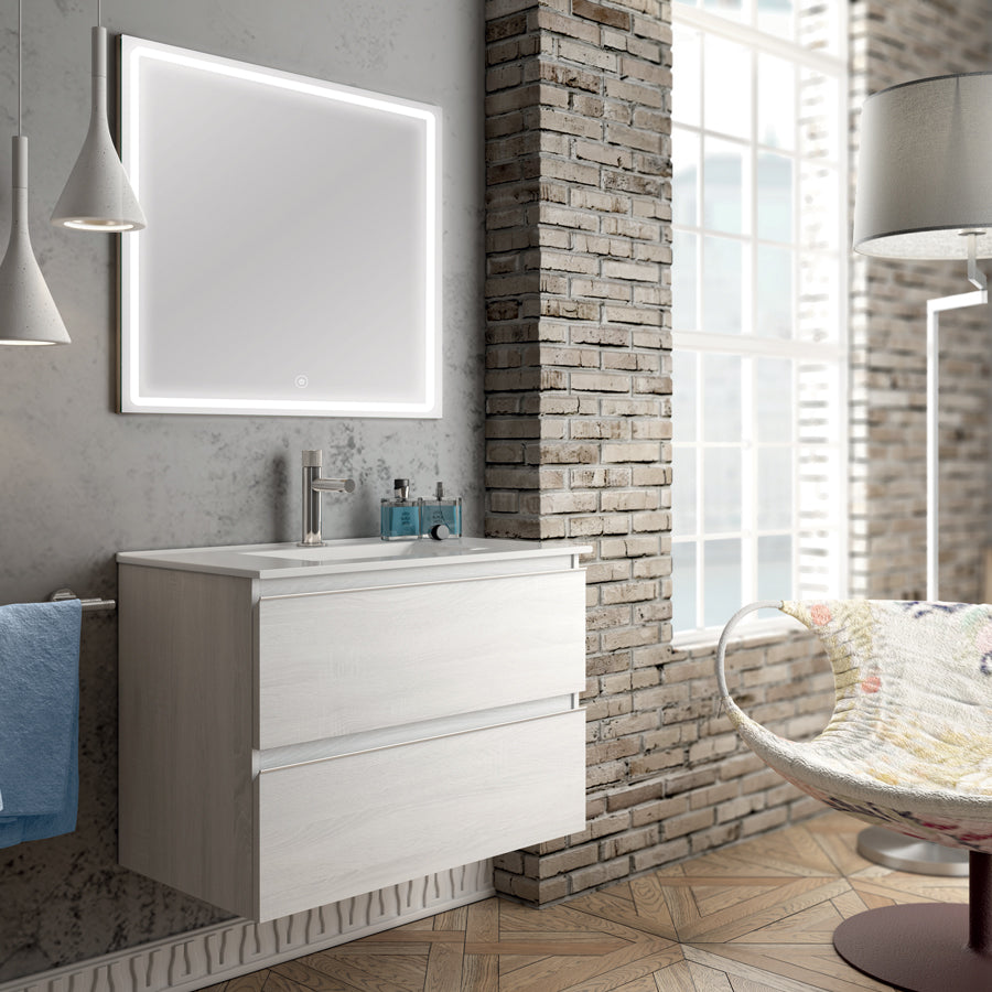Meuble de salle de bain 60cm simple vasque - 2 tiroirs - BALEA et miroir Led VELDI