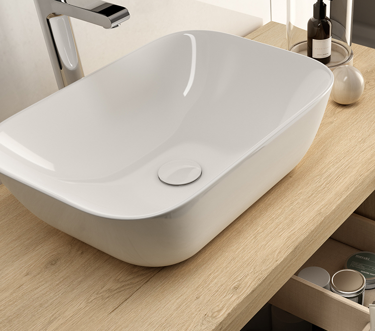 Meuble de salle de bain 120cm avec vasque à poser arrondie - 2 tiroirs et miroir avec applique - PENA