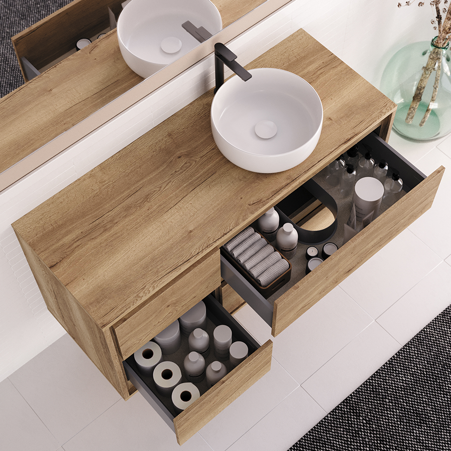 Meuble de salle de bain 120cm avec vasque à poser ronde - sans miroir - 4 tiroirs - ETIO