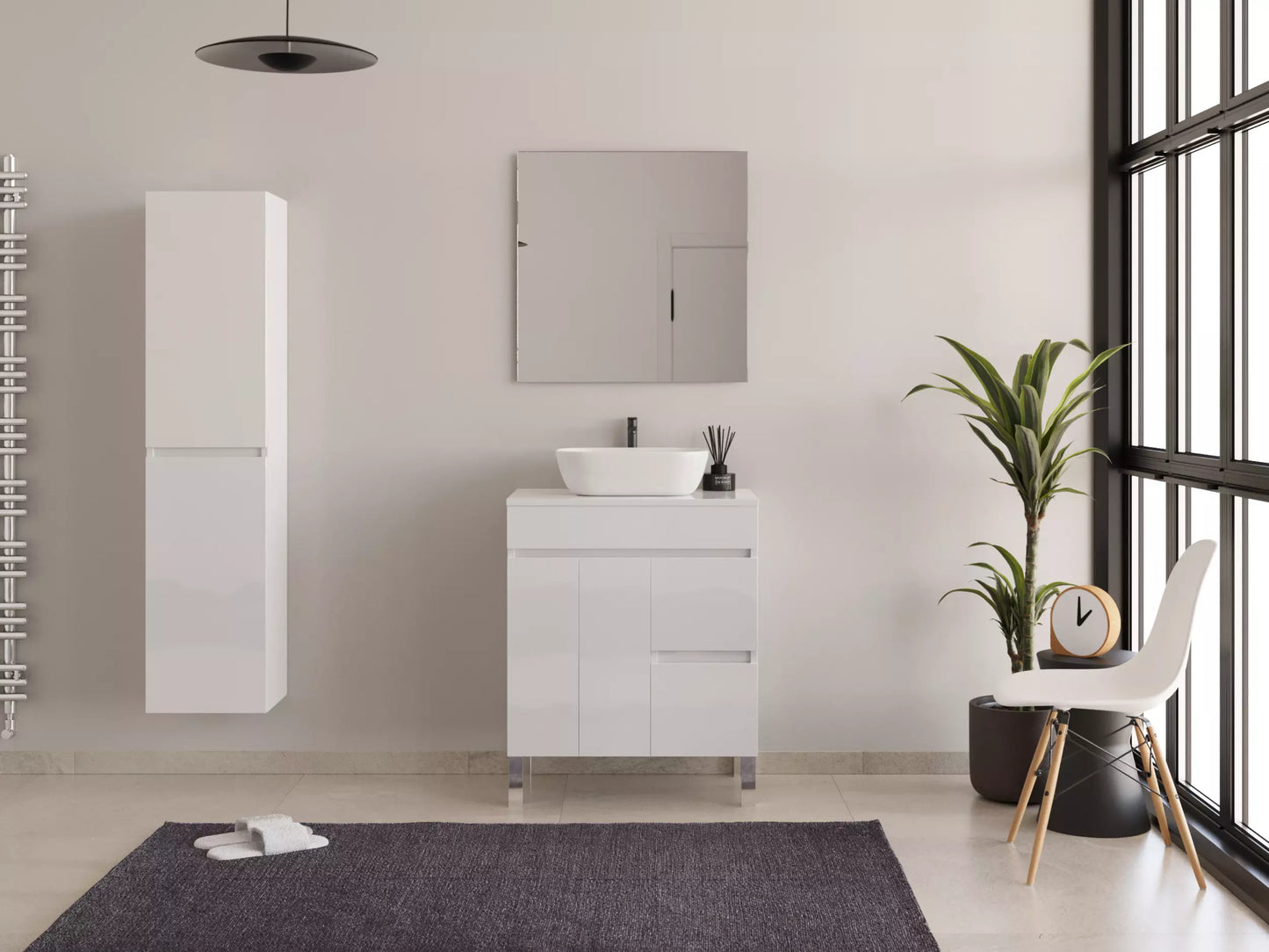 Meuble de salle de bain 70cm sur pieds avec plateau et une cuve à poser arrondie - sans miroir - portes et tiroirs - HARO