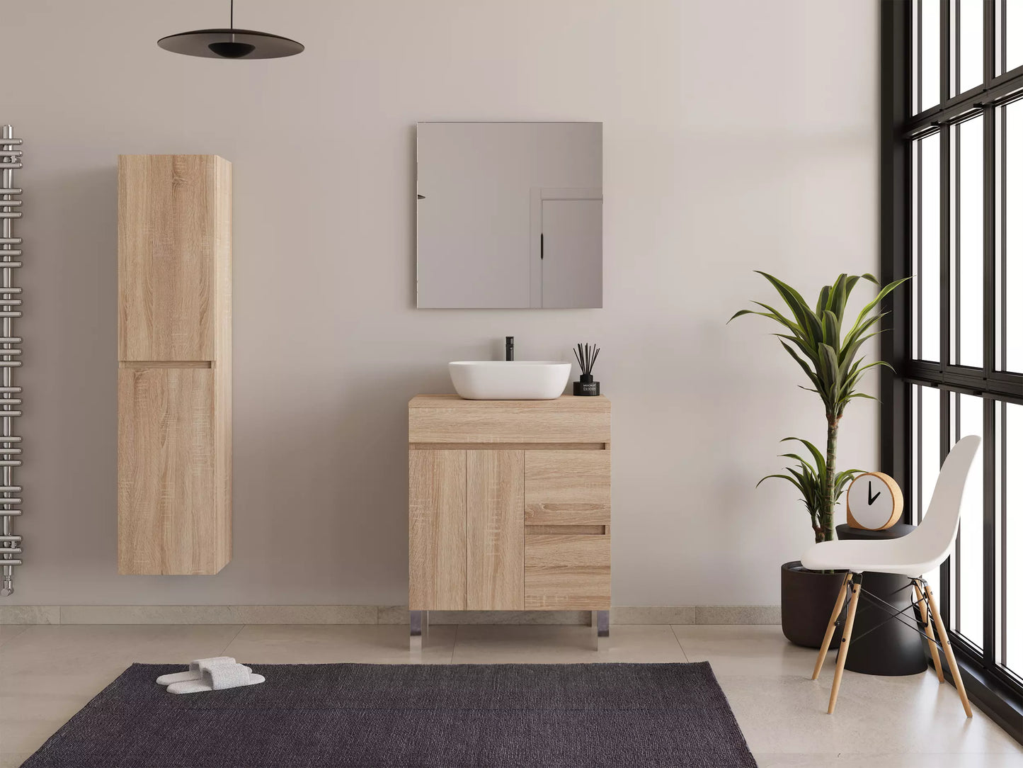 Meuble de salle de bain 70cm sur pieds avec plateau et une cuve à poser arrondie - sans miroir - portes et tiroirs - HARO