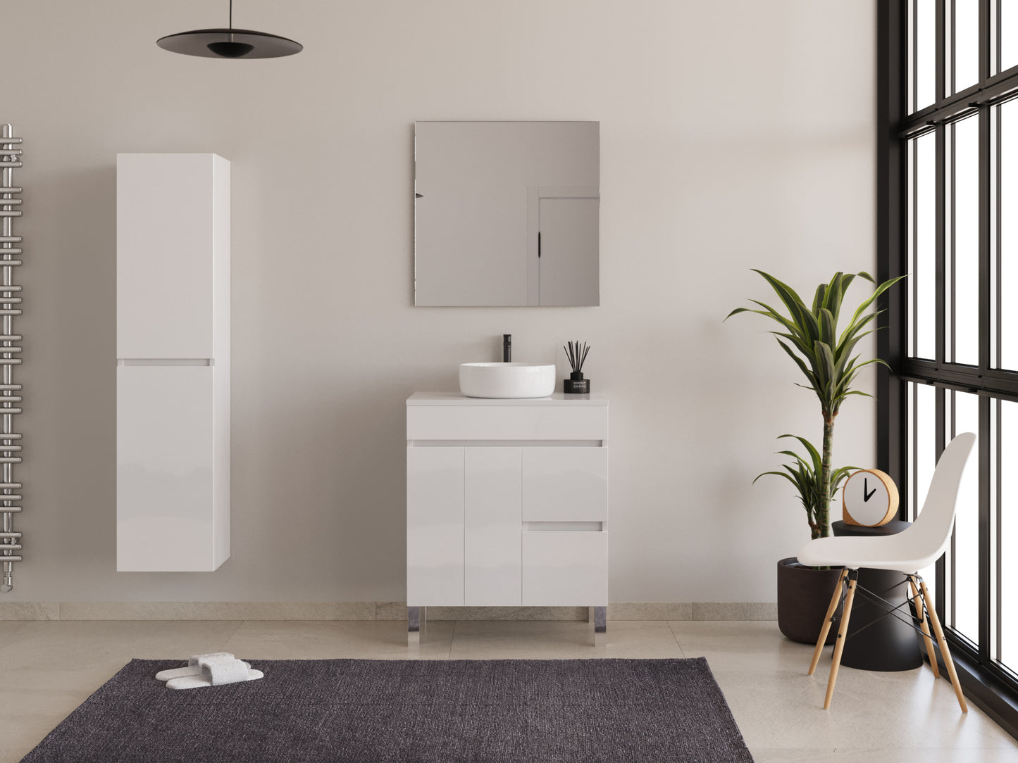 Meuble de salle de bain HARO 70 cm blanc vasque ronde avec miroir et colonne